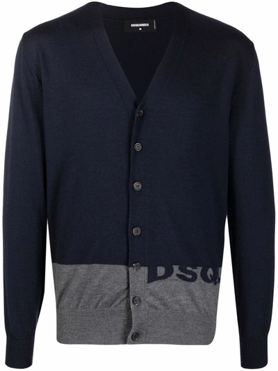 Dsquared2 Logo-print Two-tone Cardigan In 蓝色