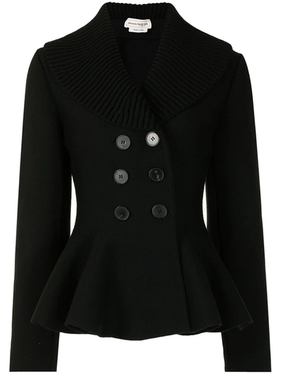 Alexander Mcqueen Black Double-breasted Knitted Jacket With Ruffles