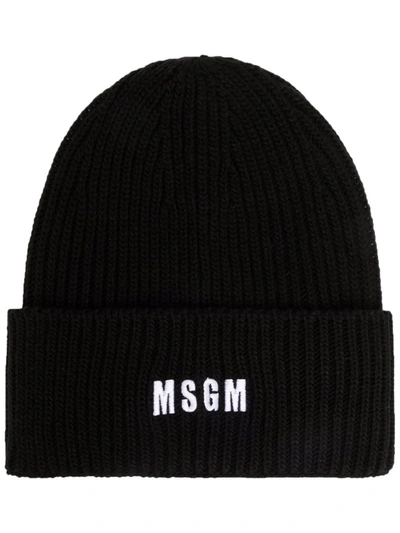 Msgm Black Chunky Knit Hat With Logo