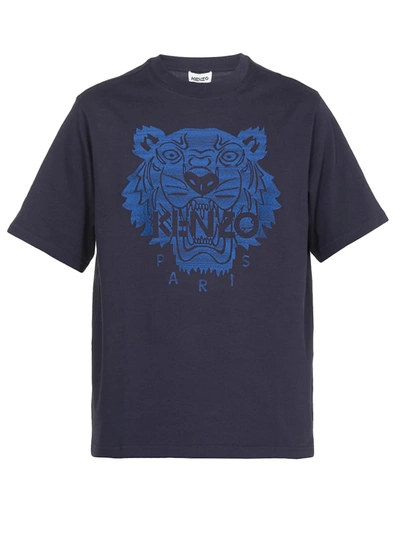 Kenzo Blue T-shirt With Tiger Embroidery And Logo In Dark Blue