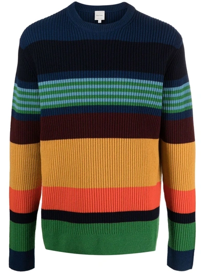 Paul Smith Mens Multi Rainbow Stripe Crewneck Wool Jumper L In Multicolour