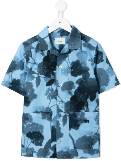 Fendi Kids' Floral-print Short-sleeve Shirt In Blue
