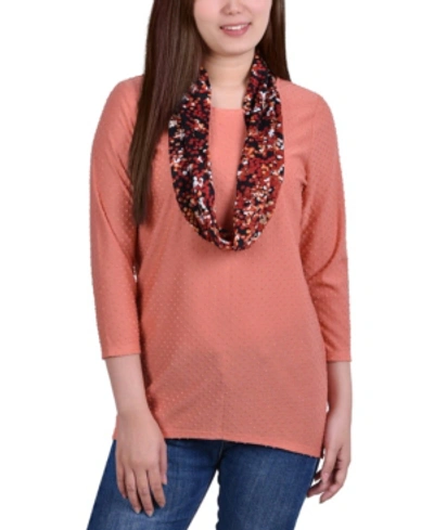 Ny Collection Women's Textured Knit Pullover Top And Scarf Set In Tawny Orange