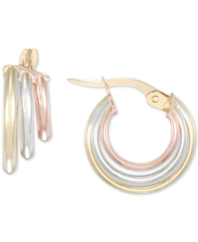 Macy's Polished Triple Row Small Hoop Earrings In 10k Gold, White Gold, & Rose Gold In Tri-color
