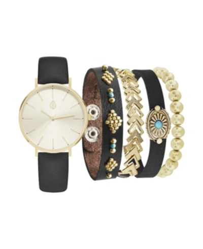 Jessica Carlyle Women's Analog Black Strap Watch 36mm With Black And Gold-tone Bracelets Set