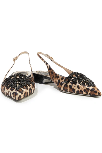 René Caovilla Operina Embellished Leopard-print Satin Slingback Point-toe Flats In Animal Print