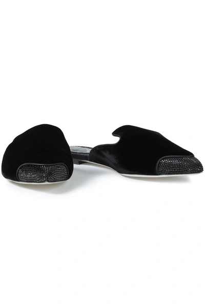 René Caovilla Embellished Velvet Slippers In Black