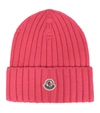 Moncler Pink Wool Hat With Logo Patch In 红色