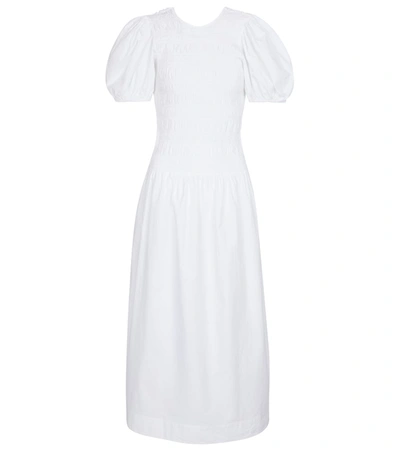 Ganni Smocked Organic Cotton-poplin Midi Dress In Bright White
