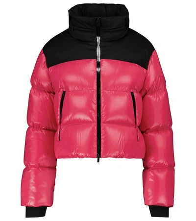 Moncler Jasione Shiny Nylon Cropped Logo Collar Down Quilted Jacket In Pink