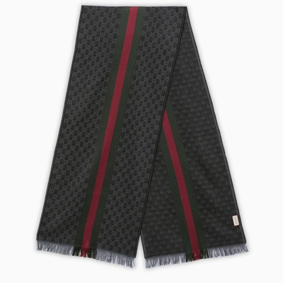 Gucci Blue Gg Motif And Web Jacquard Wool Scarf In Grey