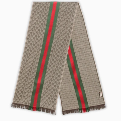 Gucci Brown And Green Scarf With Gg Motif And Web In Beige