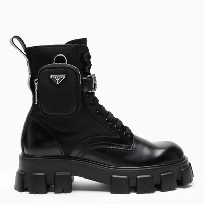 PRADA BLACK BRUSHED LEATHER AND NYLON MONOLITH BOOTS,2UE007D0023LFR-J-PRADA-F0002