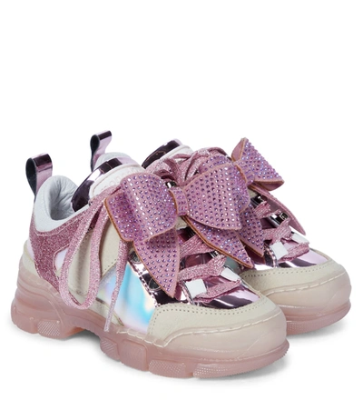 Monnalisa Kids' Bow-detail Rhinestone-embellished Chunky Leather Sneakers In Pink