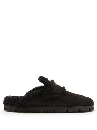 Prada Triangle Logo-plaque Shearling Backless Loafer In Black