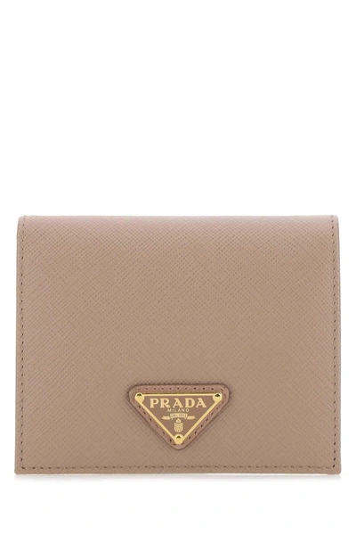Prada Logo Plaque Small Wallet In Beige