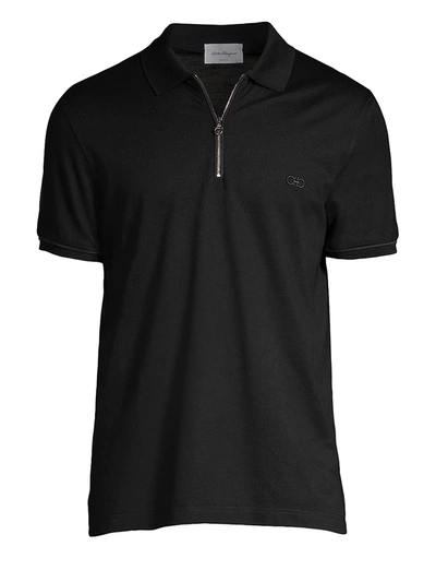 Ferragamo Logo-embroidered Zip-neck Polo Shirt In Black