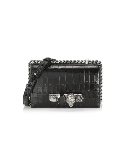 Alexander Mcqueen Mini Croc-embossed Jewelled Satchel In Nero