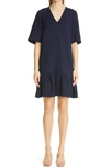 Lela Rose Wool Crepe Flounce-hem Tunic Dress In Navy