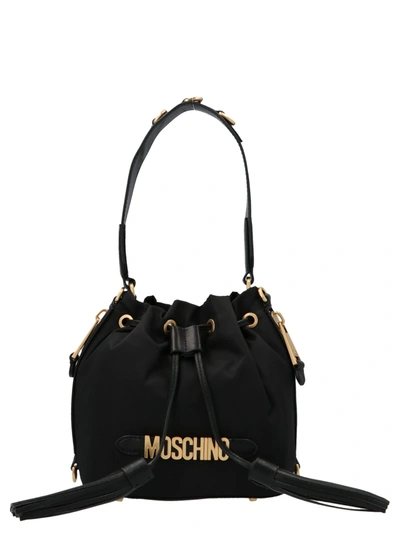 Moschino Logo Plaque Drawstring Bucket Bag In Black