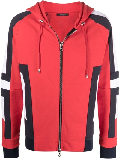 Balmain Men's Tricolor Multi-cuts Zip Hoodie In Red
