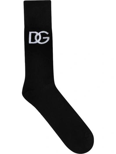 Dolce & Gabbana Stretch Cotton Socks With Jacquard Dg Logo In Black