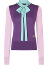 Dolce & Gabbana Long-sleeved Multi-colored Silk Sweater With Pussy-bow And Dg Embellishment In Purple