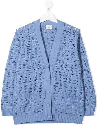 Fendi Kids' Ff-motif Open-knit Cardigan In Blue
