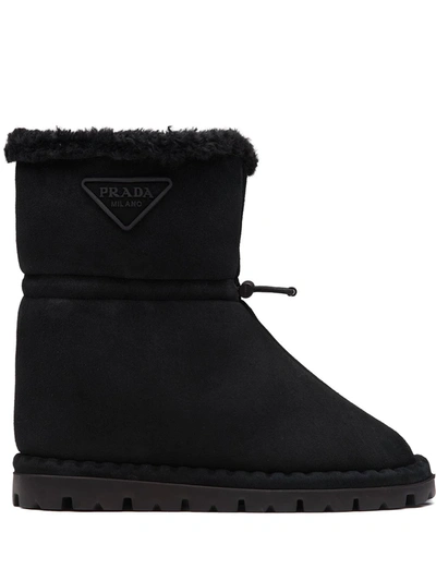 Prada Blow Shearling Short Booties In Nero