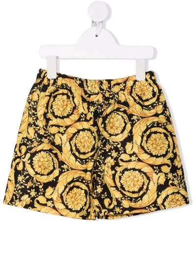 Versace Kids' Barocco Print Swim Trunks In Nero+oro