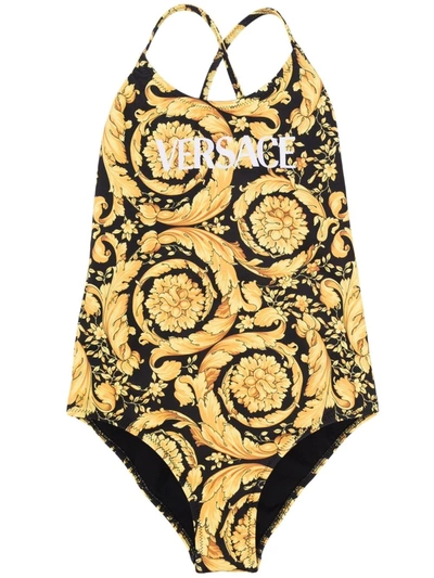 Versace Kids' Barocco Logo One-piece Swimsuit In Gold