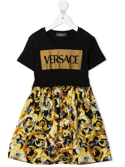 Versace Kids' Baroccoflage 印花a字连衣裙 In Black