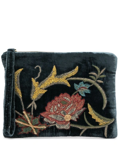 Anke Drechsel Floral-embroidered Velvet Pouch In Blue | ModeSens