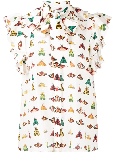 Alice And Olivia Robbie Butterfly Print Silk Bow Blouse In Multi-colour