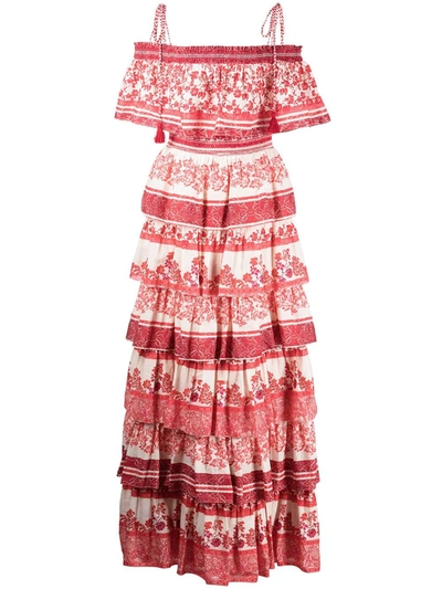 Alice And Olivia Valencia' Off-shoulder Floral Tiered Maxi Dress In Red