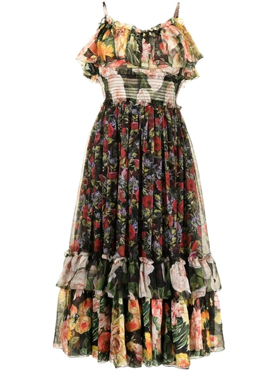 Pre-owned Dolce & Gabbana Floral Print Ruffled Dress In Black