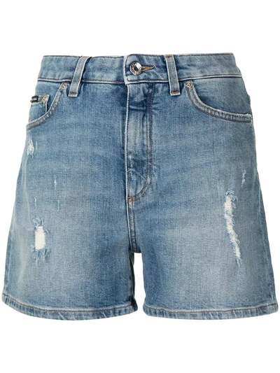 Dolce & Gabbana High-waisted Distressed Denim Shorts In Blue