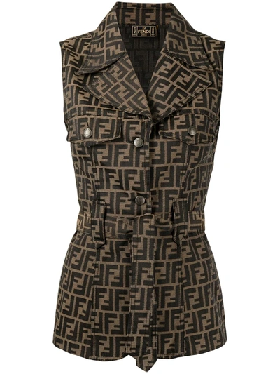 Pre-owned Fendi 1990s Zucca Pattern Belted Gilet In Brown