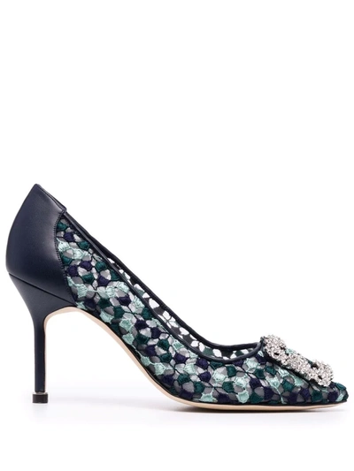 Manolo Blahnik 105mm Hangisi Lace & Leather Pumps In Blue,multi