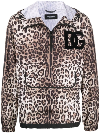 Dolce & Gabbana Dg Logo-patch Leopard-print Jacket In Brown
