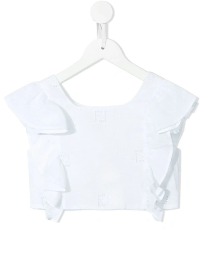 Fendi Kids' Ff-embroidery Cropped Ruffle Blouse In White