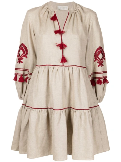 Sachin & Babi Avery Embroidery Tassel Long Sleeve Linen Dress In Oat Meal