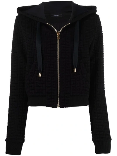 Balmain Monogram Jacquard Zip-up Crop Hoodie In Noir