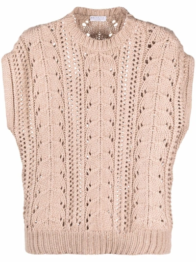 Brunello Cucinelli Pointelle-knit Sleeveless Waistcoat In Neutrals