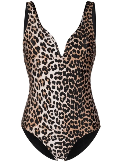 Ganni Brown & Black Leopard V-neck One-piece Swimsuit