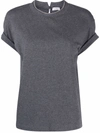 Brunello Cucinelli Grey Crewneck T-shirt With Monil Detail On The Collar And Rear Cut-out In Silver