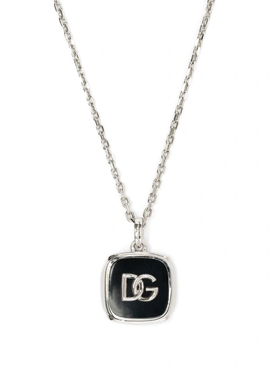 Dolce & Gabbana Logo-plaque Chain-link Necklace In Silver,black