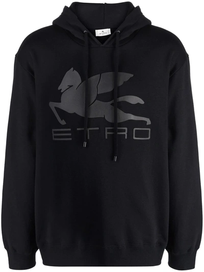 Etro Logo印花网眼棉质连帽卫衣 In Black