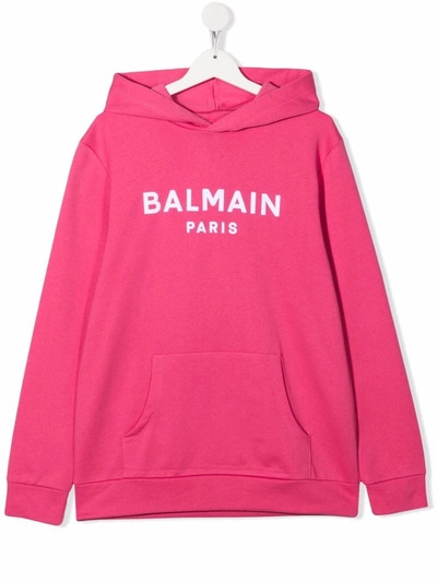 Balmain Teen Logo-print Cotton Hoodie In Pink