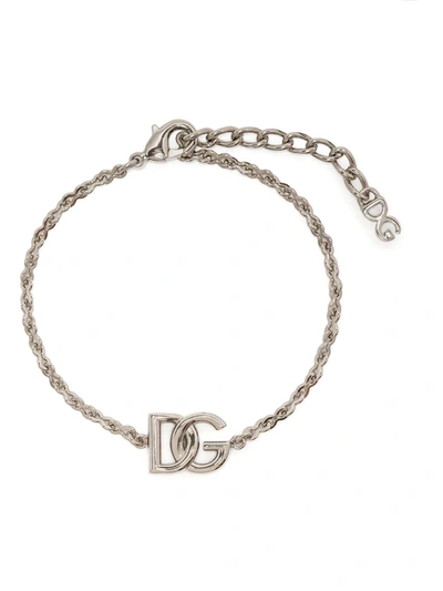 Dolce & Gabbana Logo-plaque Chain-link Bracelet In Silver